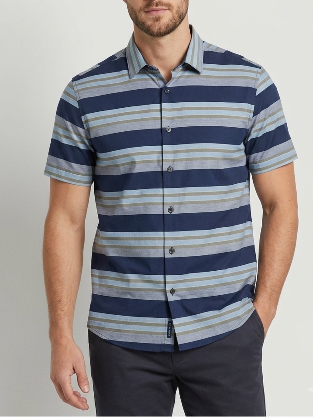 PERRY ELLIS Short Sleeve Striped Button-Up Shirt